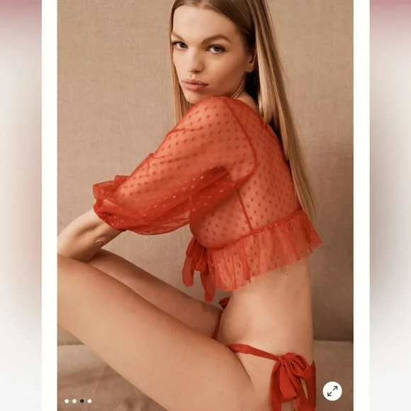 Anthropologie Only Hearts Coeur Dot Tulle Half-Sleeve Deep-V Top lingerie Red - Picture 2 of 7